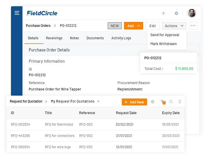 Purchase order PO for sourcing parts in Field service management software