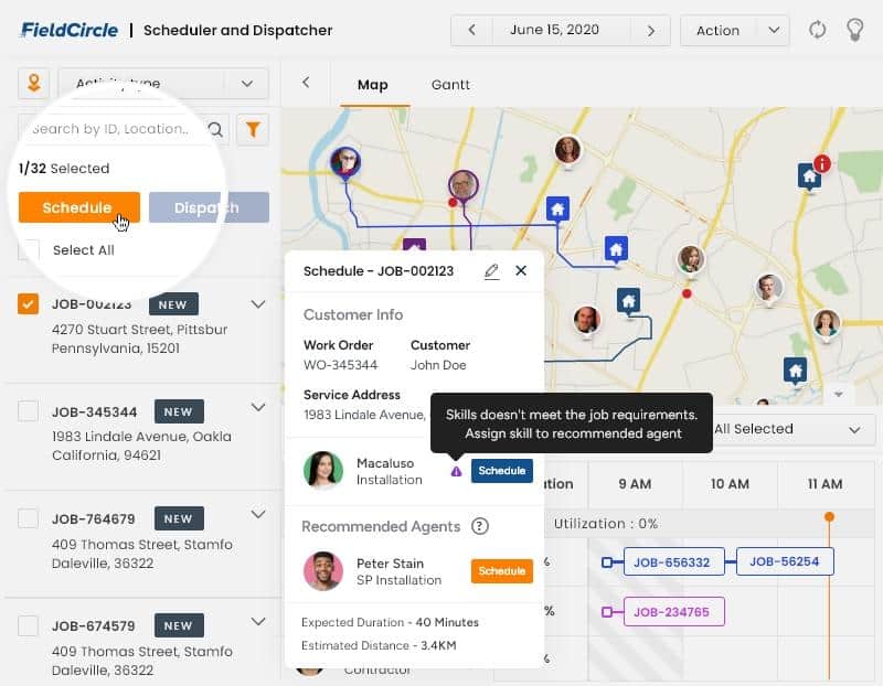 Zapium scheduling interface displaying job assignments with highlighted scheduling conflicts