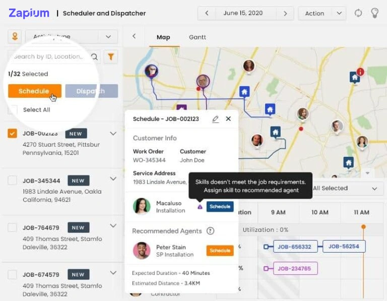 Zapium scheduling interface displaying job assignments with highlighted scheduling conflicts