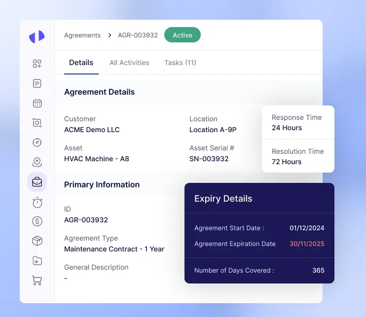 Agreement details page showing customer, asset info, and expiry details.