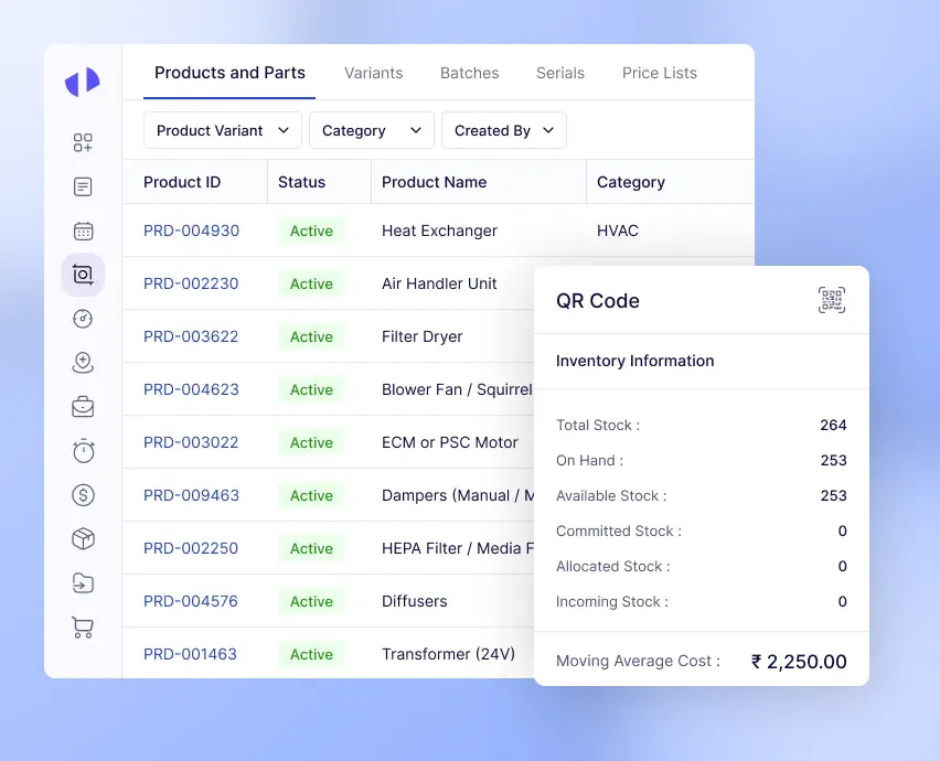 Inventory dashboard displaying product stock levels and QR code details.