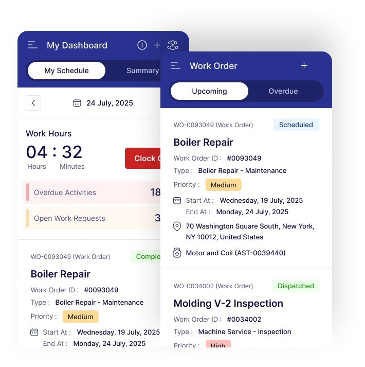 Boiler Repair dashboard showing work order details on a mobile device.