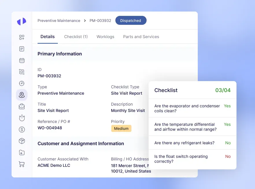 Software interface displaying a preventive maintenance site visit checklist.