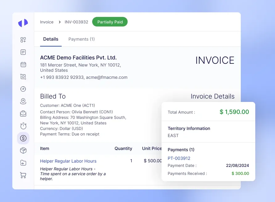 Invoice page showing customer info, total amount, and payments received.