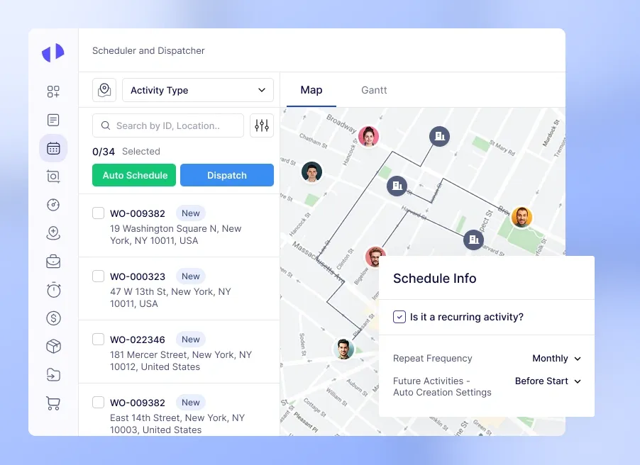 Scheduler tool showing map route, work orders, and schedule info popup.