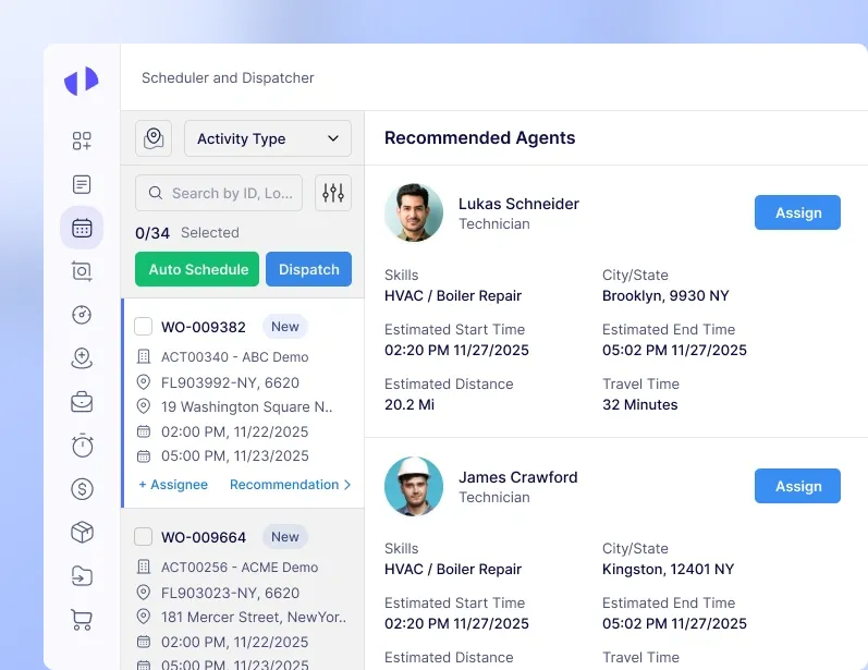 Recommended agents showing technician profiles, skills, and estimated times.