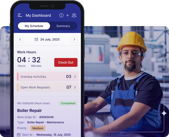 Mobile dashboard showing work hours and boiler repair task.