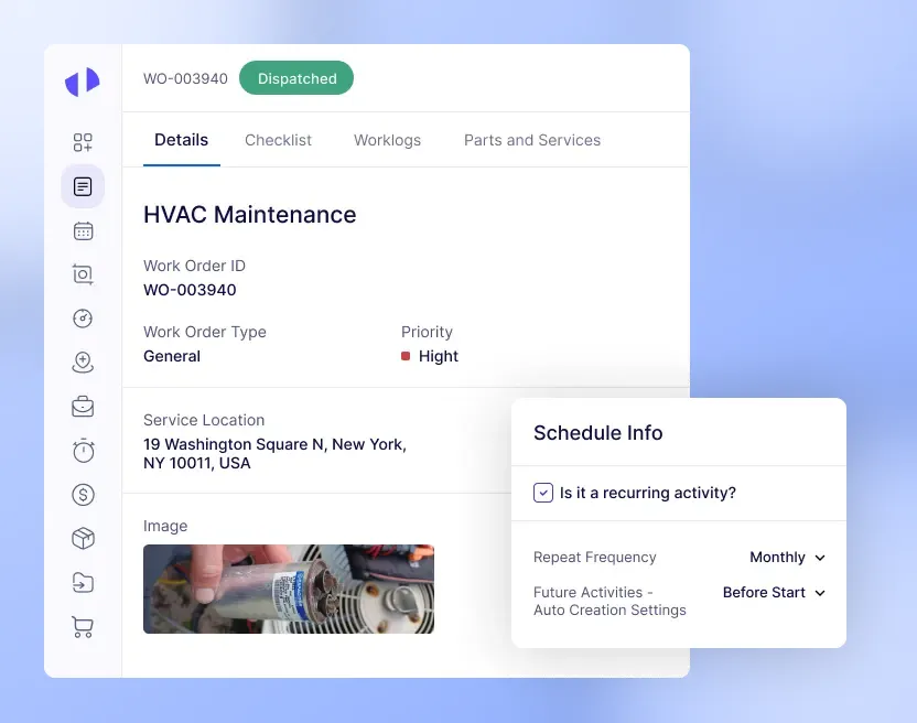 HVAC maintenance dashboard displaying work order details and schedule info.