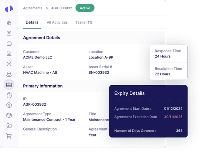 Asset agreement details with maintenance contract dates.