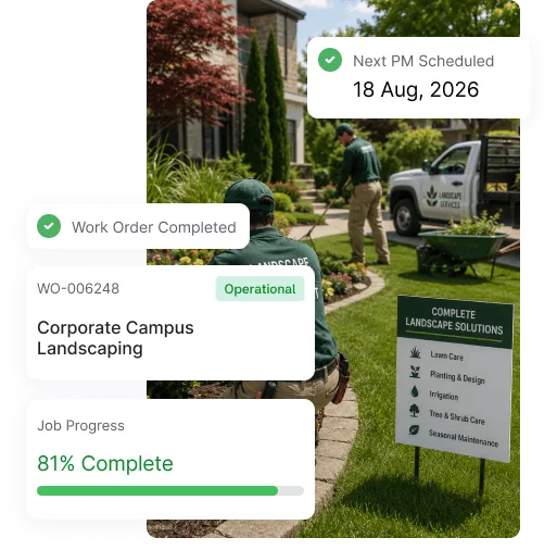 Landscaping crew working on corporate campus with work order progress and schedule visible.