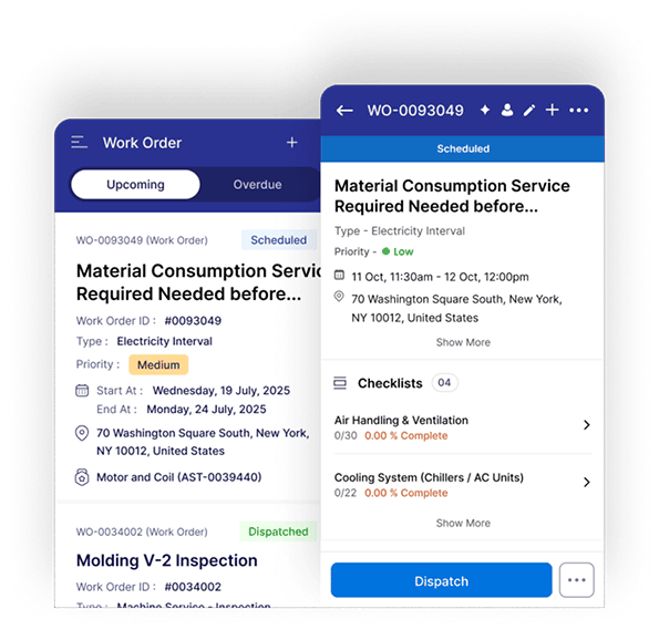 Mobile work order app shows a material consumption service request, scheduled timing, location, checklist status, and a dispatch action button.