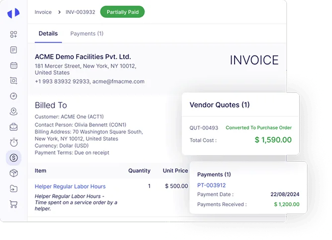 Invoice screen for ACME Demo Facilities Pvt. Ltd. displays billing details, invoice total, vendor quotes, and payment status.