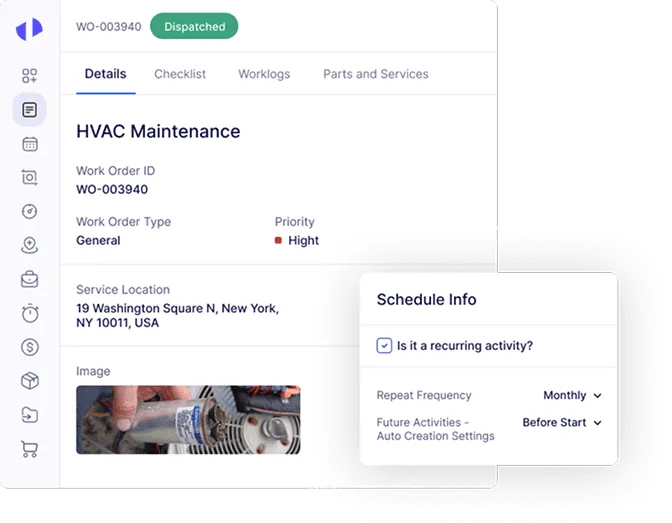 HVAC work order details showing schedule info and recurring activity checkbox.