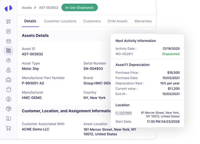 Asset details screen with next activity information and depreciation data.