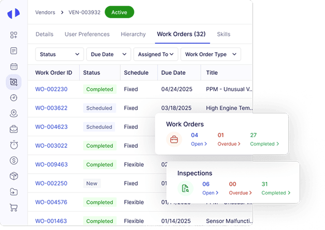 Work orders list displayed on dashboard interface.